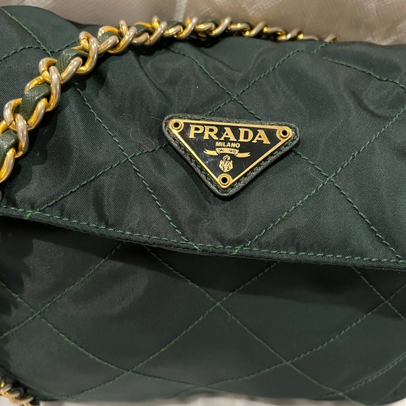 Prada Handbags - Prada Green Tessuto Quilted Nylon Shoulder Bag with Gold Chain